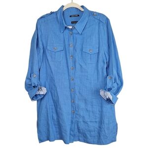 Schneiders Salzburg 100% Linen Blue Button Down Collared Blouse Pockets 10